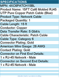 4Xem 4XC6PATCH15BL 5FT Cat6 Molded RJ45 UTP Pure Copper Patch Cable (Blue)