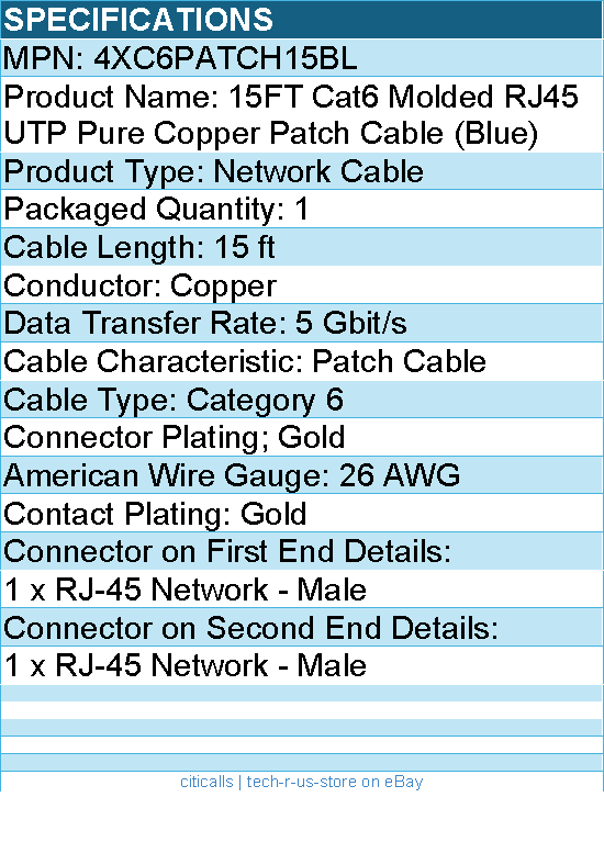 4Xem 4XC6PATCH15BL 5FT Cat6 Molded RJ45 UTP Pure Copper Patch Cable (Blue)