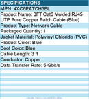 4Xem 4XC6PATCH3BL 3FT Cat6 Molded RJ45 UTP Pure Copper Patch Cable (Blue)