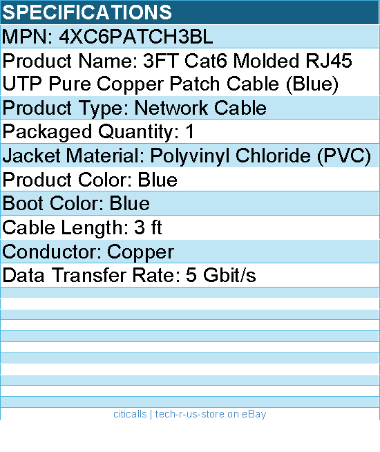 4Xem 4XC6PATCH3BL 3FT Cat6 Molded RJ45 UTP Pure Copper Patch Cable (Blue)