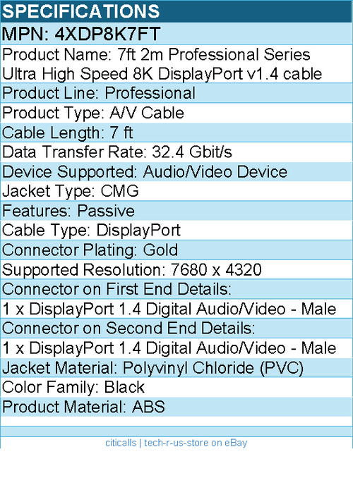4Xem 4XDP8K7FT 7ft Professional Series Ultra HighSpeed 8K DisplayPort v1.4 Cable