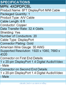 4Xem 4XDPDPCBL 6FT DisplayPort M/M Cable - Latching Connector - Black