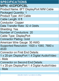 4Xem 4XDPDPCBL 6FT DisplayPort M/M Cable - Latching Connector - Black