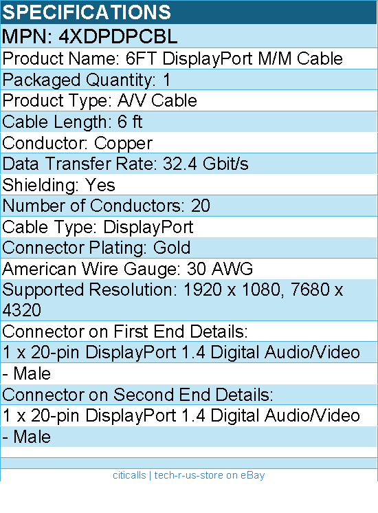 4Xem 4XDPDPCBL 6FT DisplayPort M/M Cable - Latching Connector - Black