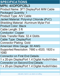 4Xem 4XDPDPCBL3 3FT DisplayPort M/M Cable - Active, Durable - Black