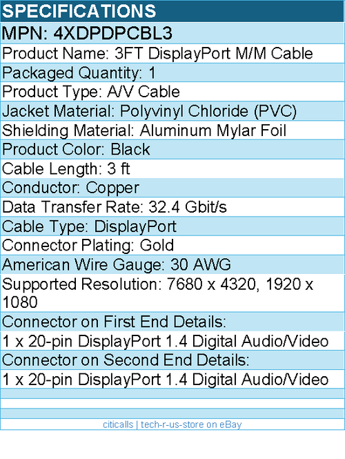 4Xem 4XDPDPCBL3 3FT DisplayPort M/M Cable - Active, Durable - Black