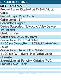 4Xem 4XDPDVI DisplayPort To DVI-I Dual Link M/F Adapter Cable - Black