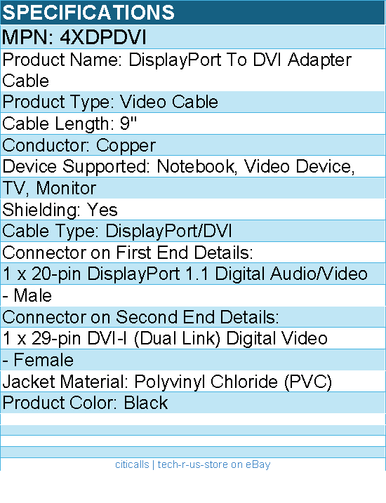 4Xem 4XDPDVI DisplayPort To DVI-I Dual Link M/F Adapter Cable - Black