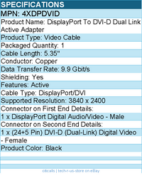 4Xem 4XDPDVID DisplayPort To DVI-D Dual Link Active Adapter - Black