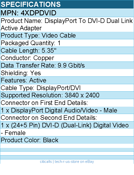 4Xem 4XDPDVID DisplayPort To DVI-D Dual Link Active Adapter - Black