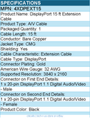 4Xem 4XDPEXT15 DisplayPort 15 ft Extension Cable - Latching Connector - Black