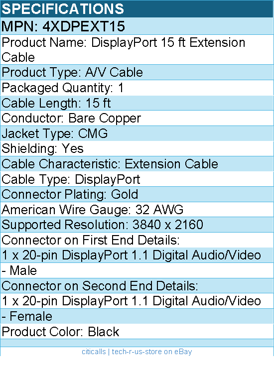 4Xem 4XDPEXT15 DisplayPort 15 ft Extension Cable - Latching Connector - Black