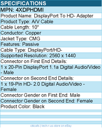 4Xem 4XDPHDMI DisplayPort To Video Adapter - 10" - Passive - Black