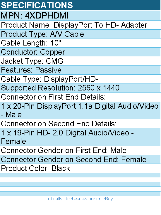 4Xem 4XDPHDMI DisplayPort To Video Adapter - 10" - Passive - Black