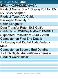 4Xem 4XDPHDMIDVIVGA 3 In 1 DisplayPort to Video DVI VGA Adapter