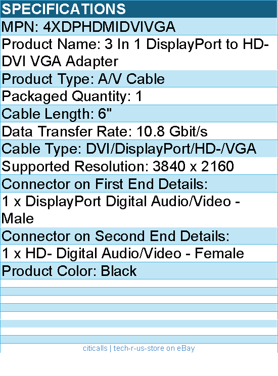 4Xem 4XDPHDMIDVIVGA 3 In 1 DisplayPort to Video DVI VGA Adapter