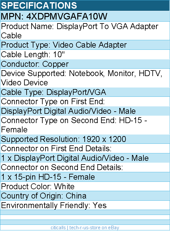 4Xem 4XDPMVGAFA10W DisplayPort To VGA Adapter Cable - 10" - White