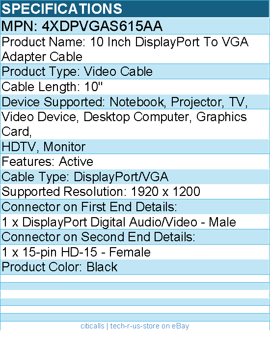 4Xem 4XDPVGAS615AA 10 Inch DisplayPort To VGA Adapter Cable - Black