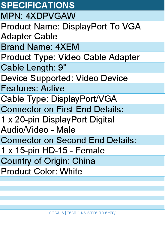 4Xem 4XDPVGAW DisplayPort To VGA Adapter Cable - Active - White