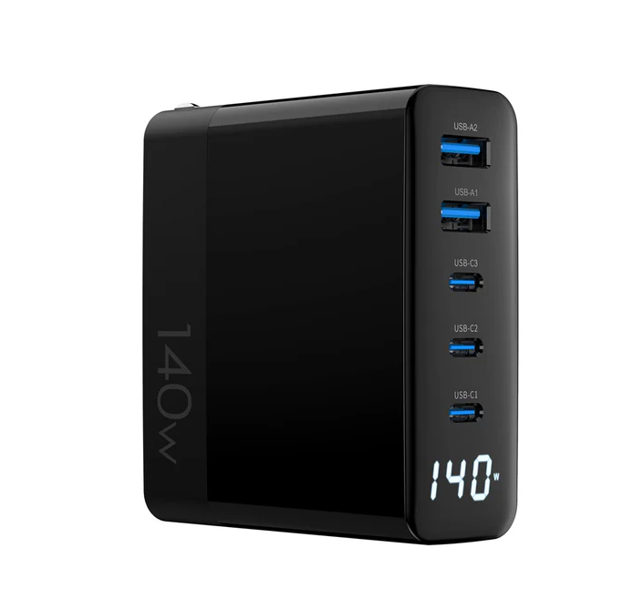 4Xem 4XGAN016140WB 140W Wall Charger Quintuple Output with Display - Black