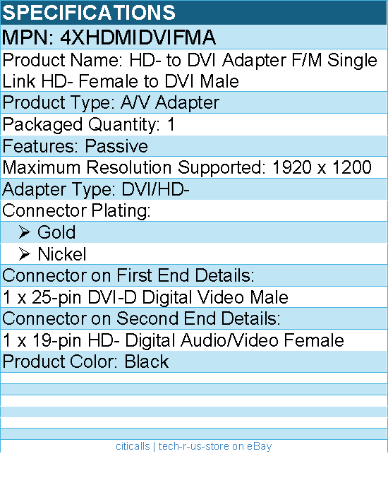 4Xem 4XHDMIDVIFMA DVI-D Male To Video Female Adapter - Black