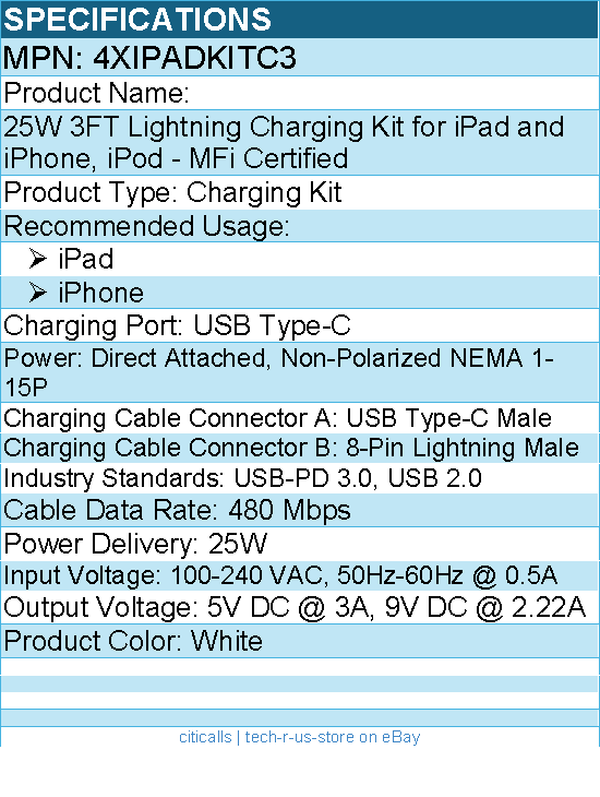 4Xem 4XIPADKITC3 25W 3FT Charging Kit for iPad and iPhone, iPod - White