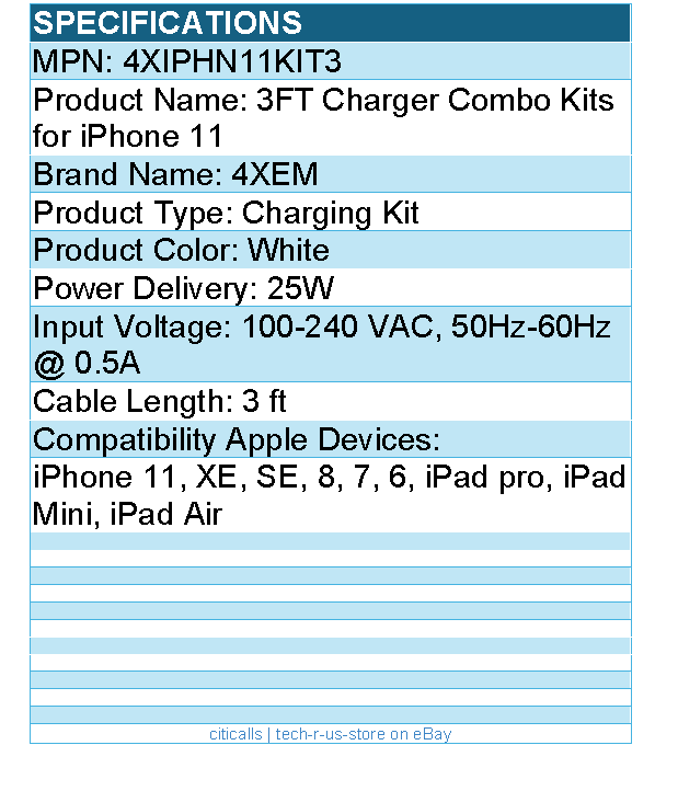 4Xem 4XIPHN11KIT3 3FT Charger Combo Kits for iPhone 11 - MFI Certified
