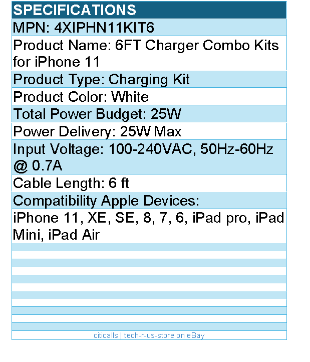 4Xem 4XIPHN11KIT6 6FT Charger Combo Kits for iPhone 11 - MFI Certified