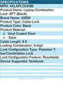 4Xem 4XLAPLOCK6B Laptop Combination Lock- 6FT (Black) - Vinyl Coated Steel