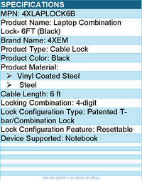 4Xem 4XLAPLOCK6B Laptop Combination Lock- 6FT (Black) - Vinyl Coated Steel