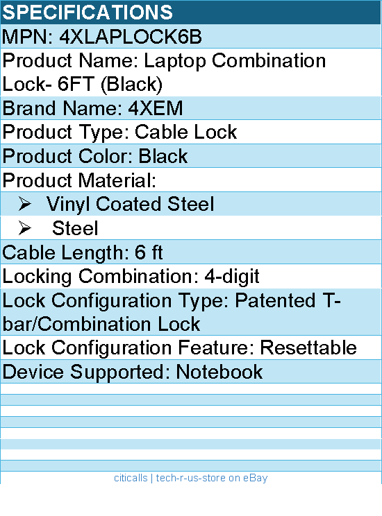 4Xem 4XLAPLOCK6B Laptop Combination Lock- 6FT (Black) - Vinyl Coated Steel