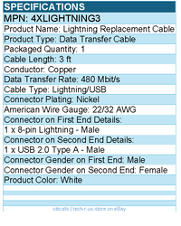 4Xem 4XLIGHTNING3 3ft Data Transfer Cable - MFi Certified - White