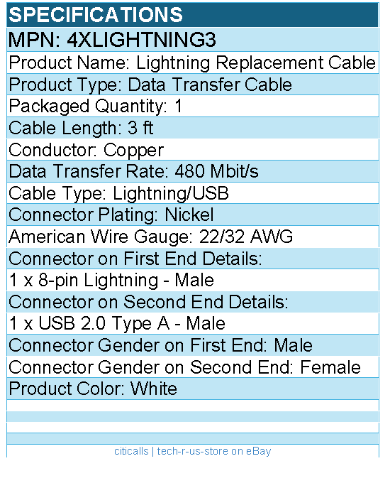 4Xem 4XLIGHTNING3 3ft Data Transfer Cable - MFi Certified - White