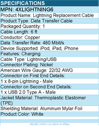 4Xem 4XLIGHTNING6 6ft 2m Data Transfer Cable - White - MFi Certified