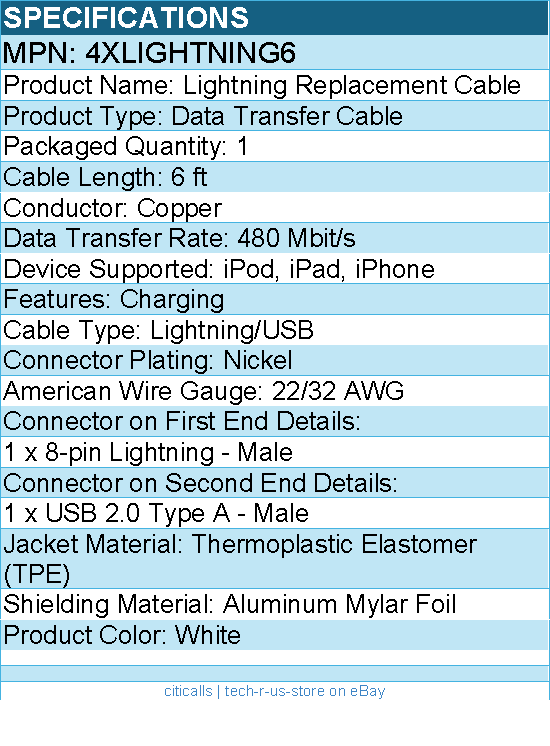 4Xem 4XLIGHTNING6 6ft 2m Data Transfer Cable - White - MFi Certified