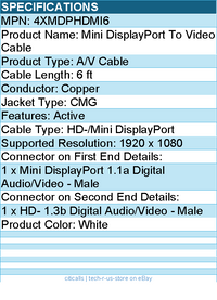 4Xem 4XMDPHDMI6 6 ft DisplayPort Male To Video Cable - Active - White