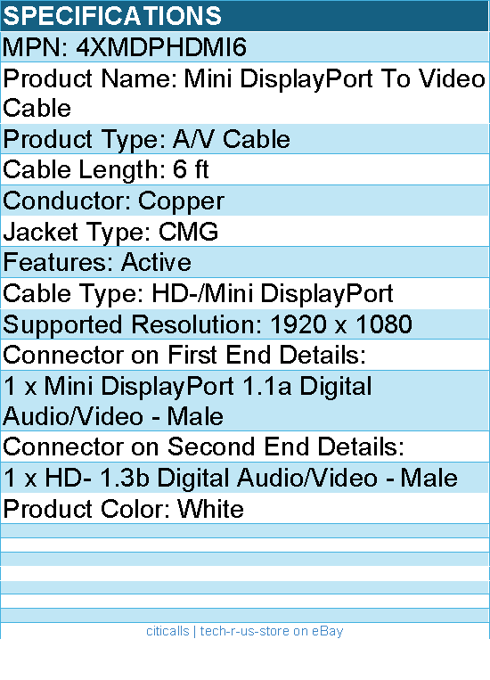 4Xem 4XMDPHDMI6 6 ft DisplayPort Male To Video Cable - Active - White