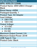 4Xem 4XRLC51120WB 20W USB-C Charger - 12 V DC, 5 V DC, 9 V DC - Black