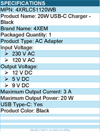 4Xem 4XRLC51120WB 20W USB-C Charger - 12 V DC, 5 V DC, 9 V DC - Black