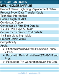 4Xem 4XUSB2APPLI5 3FT/1M 8pin USB Cable - MFi Certified - for iPhone/iPad/iPod