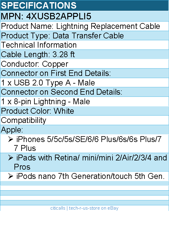 4Xem 4XUSB2APPLI5 3FT/1M 8pin USB Cable - MFi Certified - for iPhone/iPad/iPod