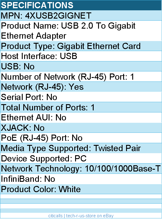 4Xem 4XUSB2GIGNET USB 2.0 To Gigabit Ethernet Adapter - White