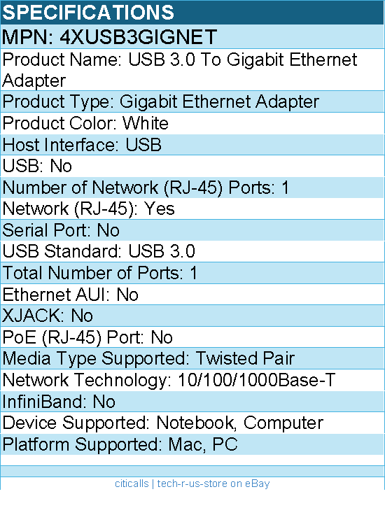 4Xem 4XUSB3GIGNET USB 3.0 To Gigabit Ethernet Adapter - 1 x Network (RJ-45)