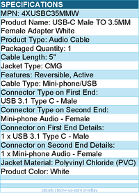 4Xem 4XUSBC35MMW USB-C Male TO 3.5MM Female Adapter White - Active, Reversible