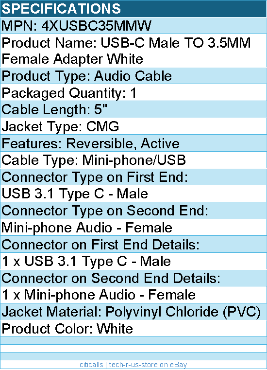 4Xem 4XUSBC35MMW USB-C Male TO 3.5MM Female Adapter White - Active, Reversible