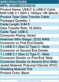 4Xem 4XUSBCC31G210 USB-C to USB-C Cable M/M USB 3.1 GEN 2 10Gbps 10ft (Black)