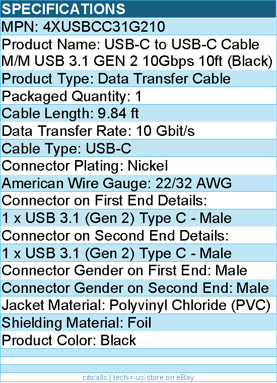4Xem 4XUSBCC31G210 USB-C to USB-C Cable M/M USB 3.1 GEN 2 10Gbps 10ft (Black)