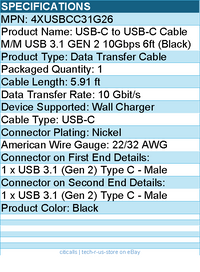 4Xem 4XUSBCC31G26 USB-C to USB-C Cable M/M USB 3.1 GEN 2 10Gbps 6ft (Black)