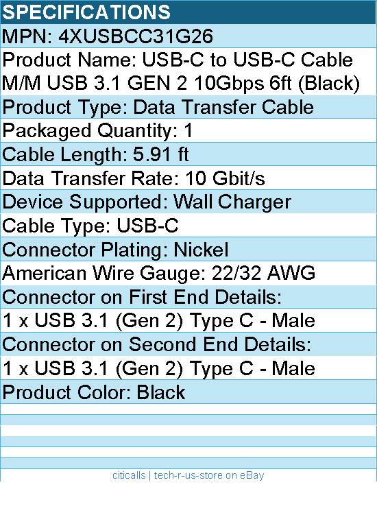 4Xem 4XUSBCC31G26 USB-C to USB-C Cable M/M USB 3.1 GEN 2 10Gbps 6ft (Black)