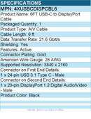 4Xem 4XUSBCDISPCBL6 6FT USB-C to DisplayPort Cable - Active - Black